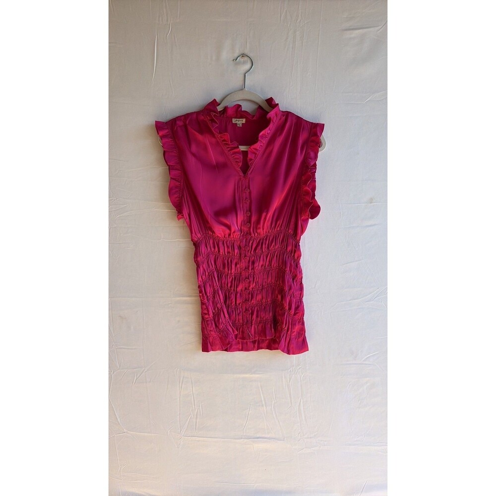 Agora Hot Pink Ruffle Cap Sleeve Smocked Waist Blouse
